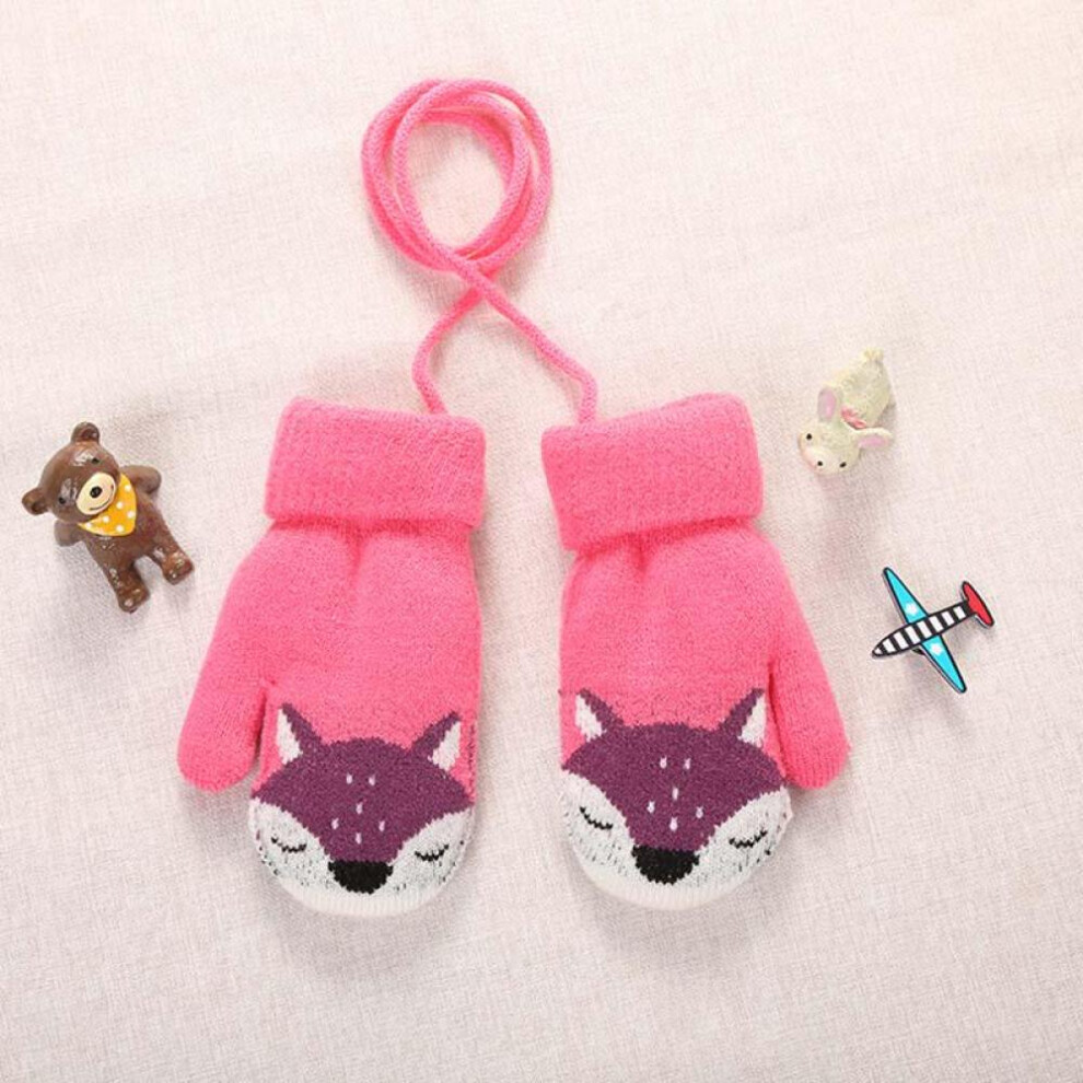 (Rose Red) Cartoon Fox Baby Mittens Winter Warm Kids Baby Girl Gloves Knitted Children Toddler Gloves Outdoor Keep Warm