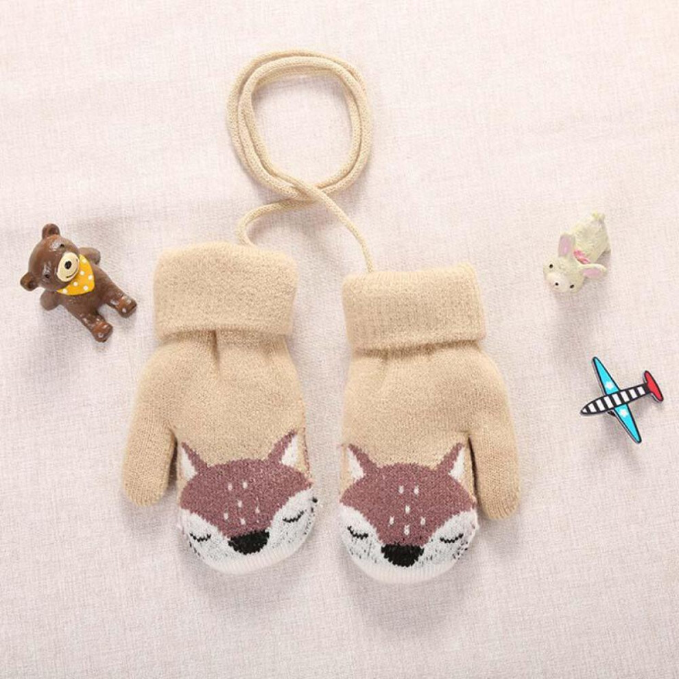 (Khaki) Cartoon Fox Baby Mittens Winter Warm Kids Baby Girl Gloves Knitted Children Toddler Gloves Outdoor Keep Warm
