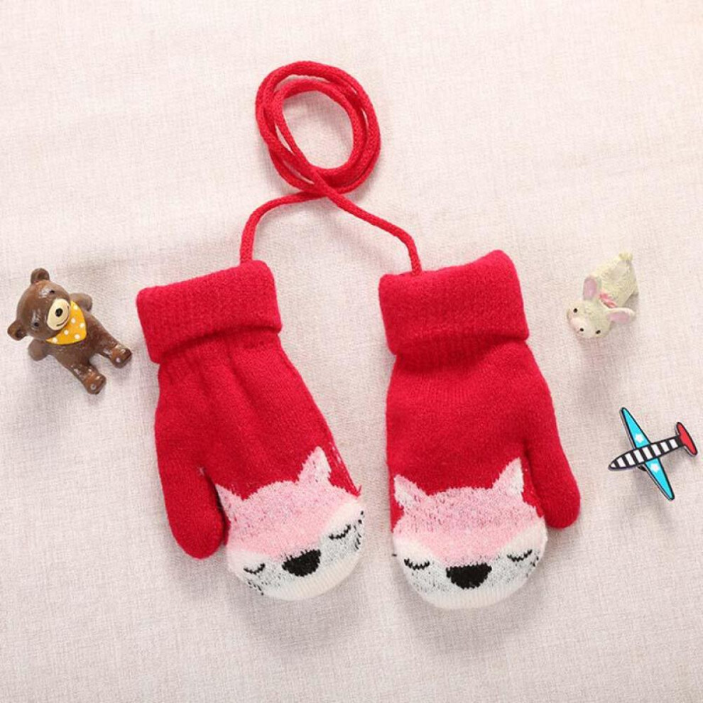 (Red) Cartoon Fox Baby Mittens Winter Warm Kids Baby Girl Gloves Knitted Children Toddler Gloves Outdoor Keep Warm