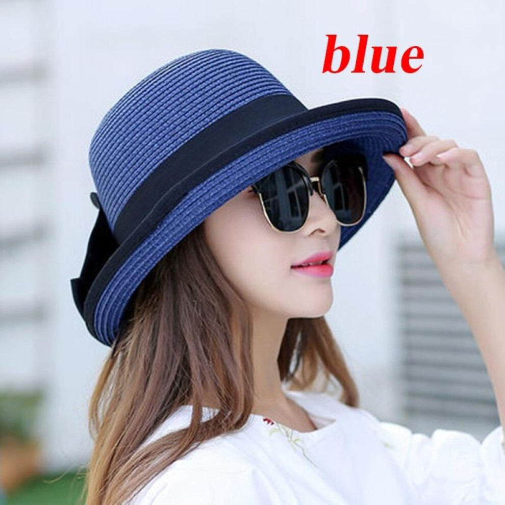 (Blue) Summer Straw Hat for Women All-match Sun Hat Foldable Beach Hat