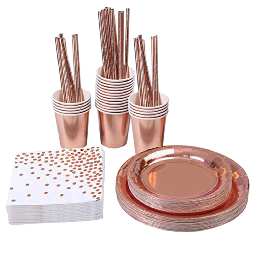 Rose Gold Paper Set Dinnerware Disposable Decorations Plates Tableware Drinking Napkins Cup Birthday Party-image
