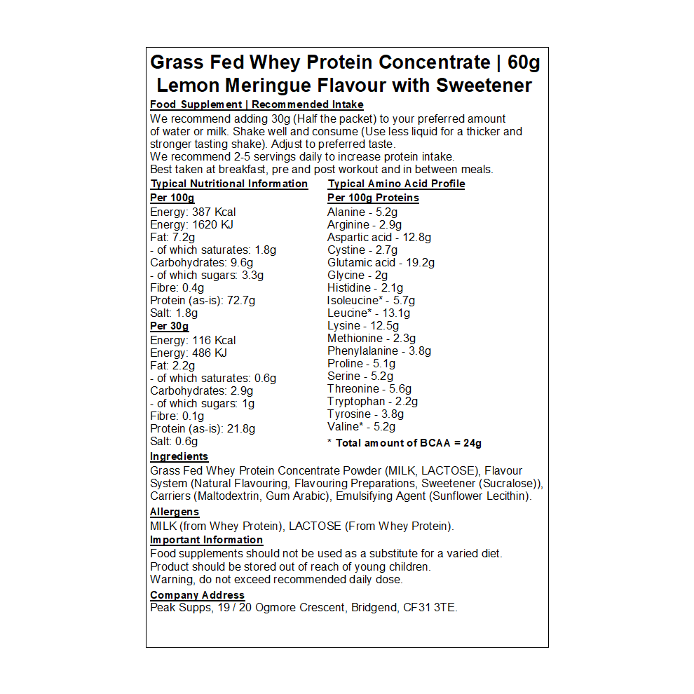 Peak Supps (1Kg, Lemon Meringue) Whey Protein Concentrate 80% - Grass Fed
