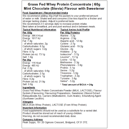 (1kg, Mint Chocolate - Stevia) Whey Protein Concentrate 80% - Grass Fed
