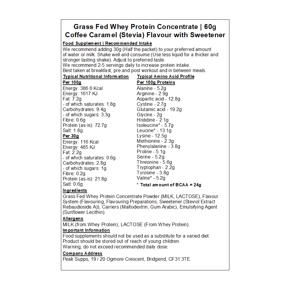Peak Supps (5Kg, Coffee Caramel - Stevia) Whey Protein Concentrate 80% - Grass Fed