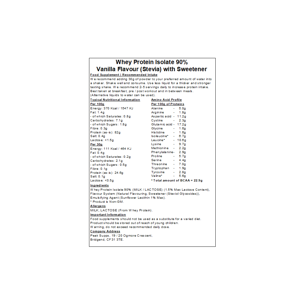 Peak Supps (Vanilla - Stevia, 2Kg) Whey Protein Isolate 90%