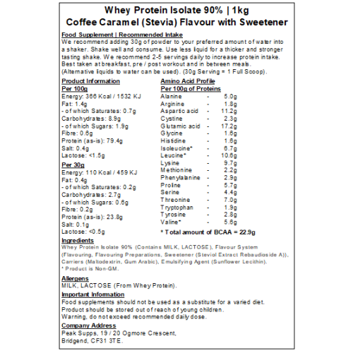 (Coffee Caramel - Stevia, 5kg) Whey Protein Isolate 90%