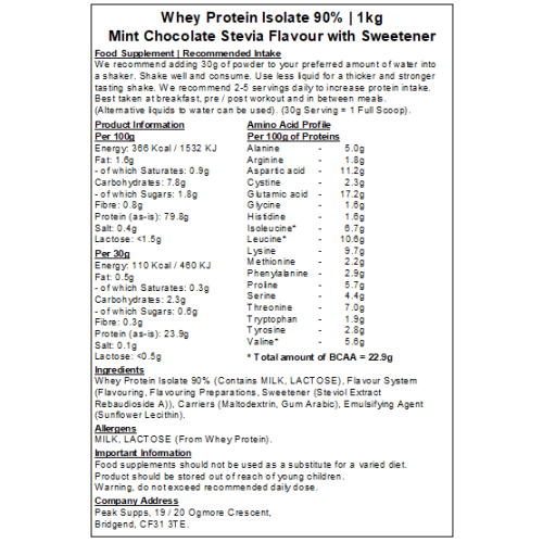(Mint Chocolate - Stevia, 5kg) Whey Protein Isolate 90%