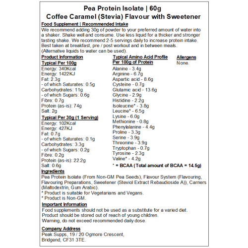 (Coffee Caramel - Stevia, 60g) Pea Protein Isolate 80%