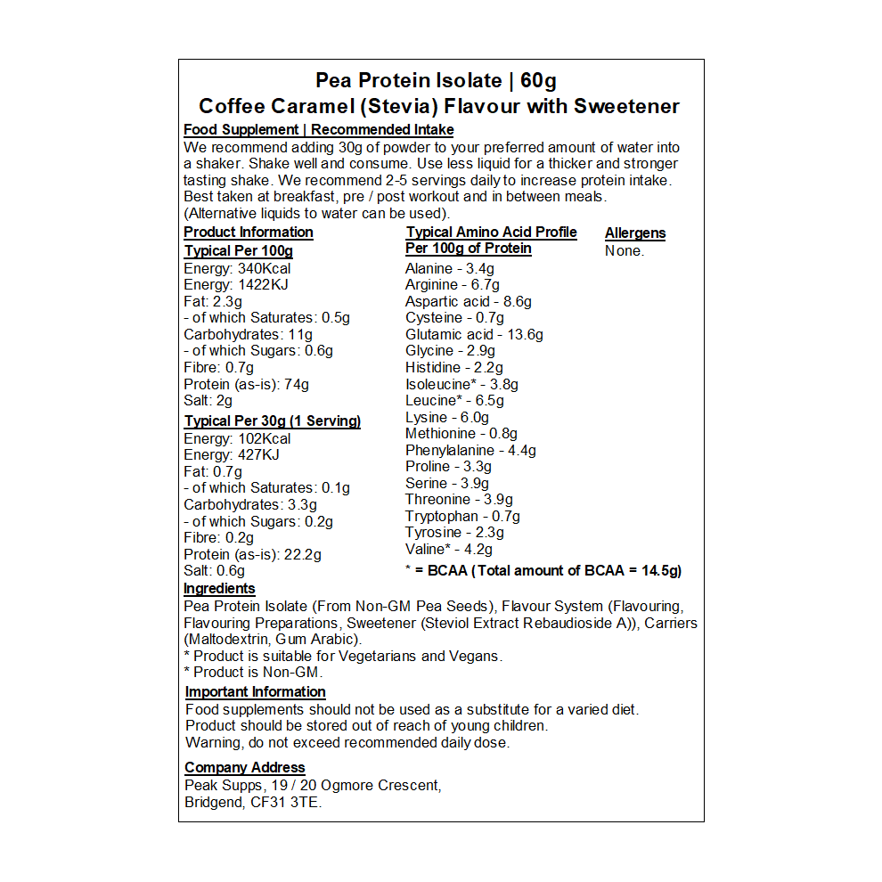 Peak Supps (Coffee Caramel - Stevia, 3Kg) Pea Protein Isolate 80%