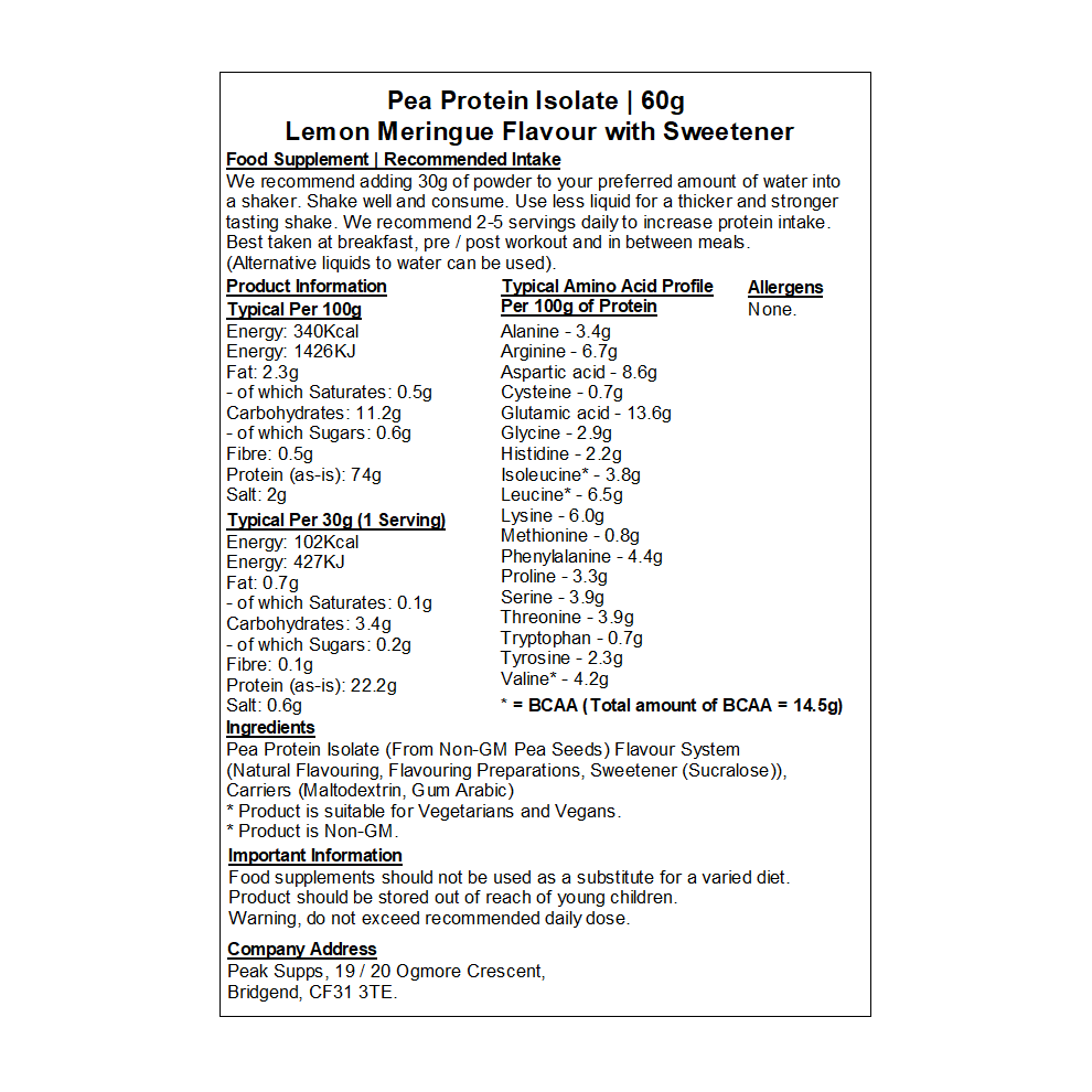 Peak Supps (Lemon Meringue, 1Kg) Pea Protein Isolate 80%