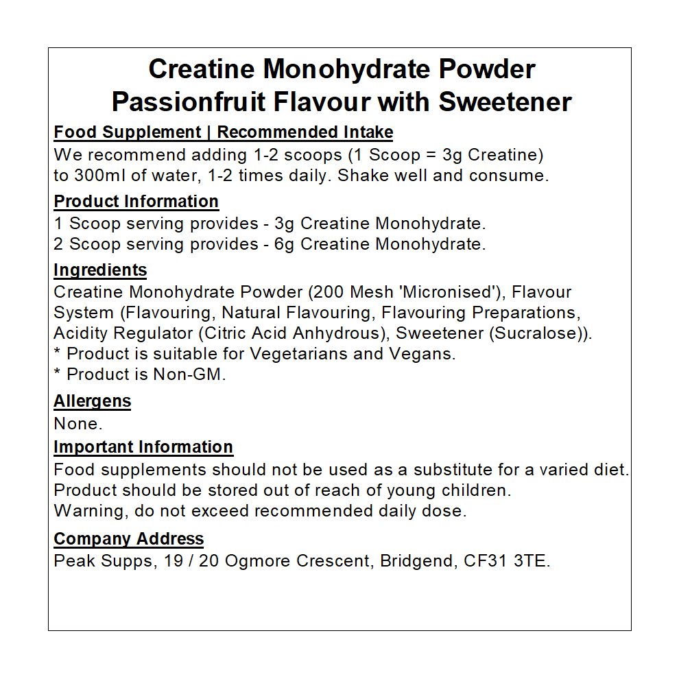 Peak Supps (500G, Passionfruit) Creatine Monohydrate Powder