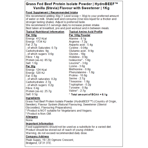 (Vanilla (Stevia), 1kg) Grass Fed Beef Protein Isolate 95% - HydroBEEF