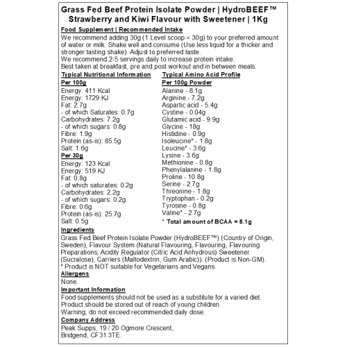 (Strawberry & Kiwi, 1kg) Grass Fed Beef Protein Isolate 95% - HydroBEEF