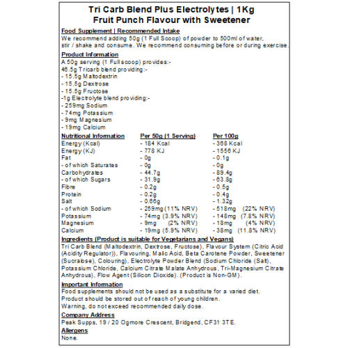 (Fruit Punch, 1Kg) Tri Carb Plus - Carbohydrate & Electrolyte Blend