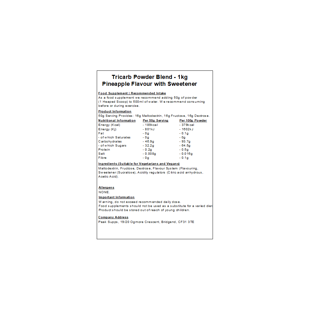 Peak Supps (Pineapple, 1Kg) Tri Carb Powder - Triple Carbohydrate (Maltodextrin, Dextrose & Fructose)