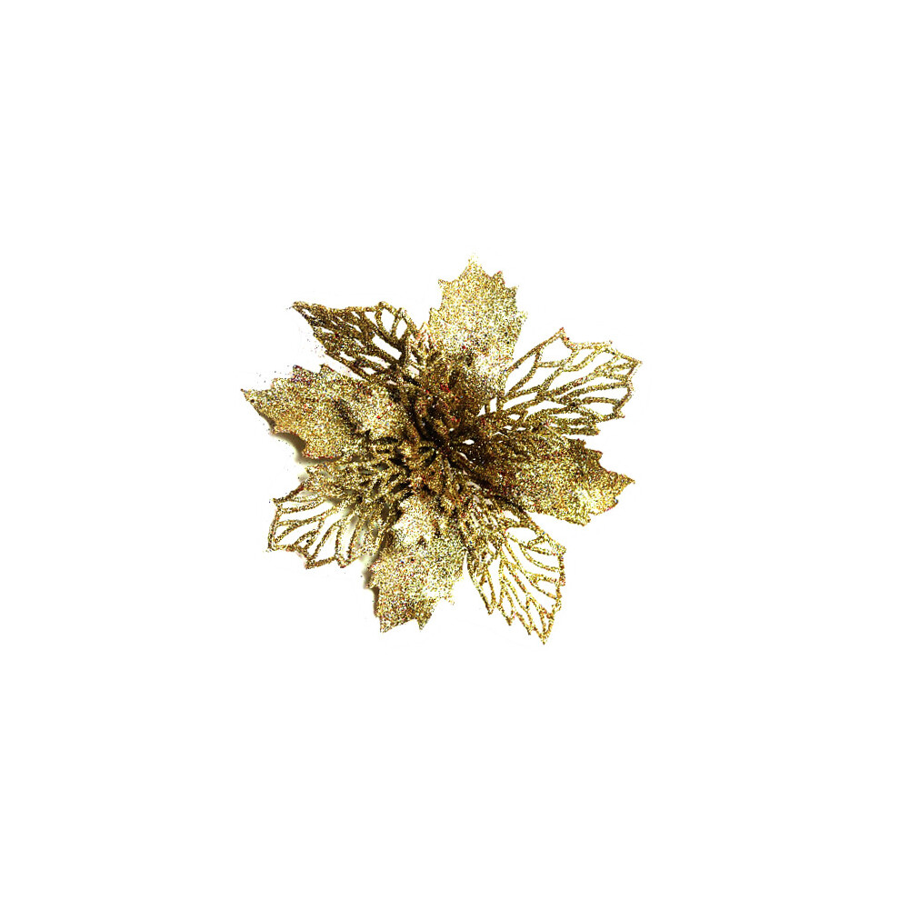 (Gold) 10Pcs Artificial Flowers Decorations with Clips Blue Poinsettia Glitter Christmas Tree Ornaments for Xmas Wedding Party Wreath DIY