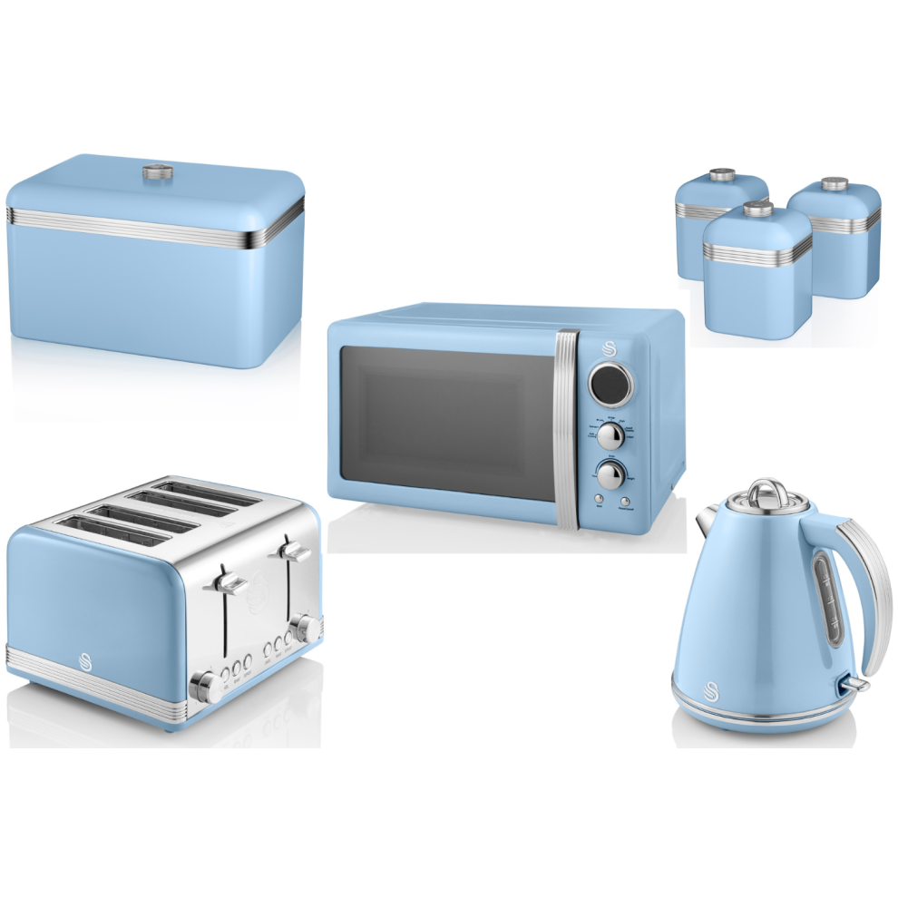 SWAN Retro Blue Kettle 4 Slice Toaster Microwave Breadbin & Canisters