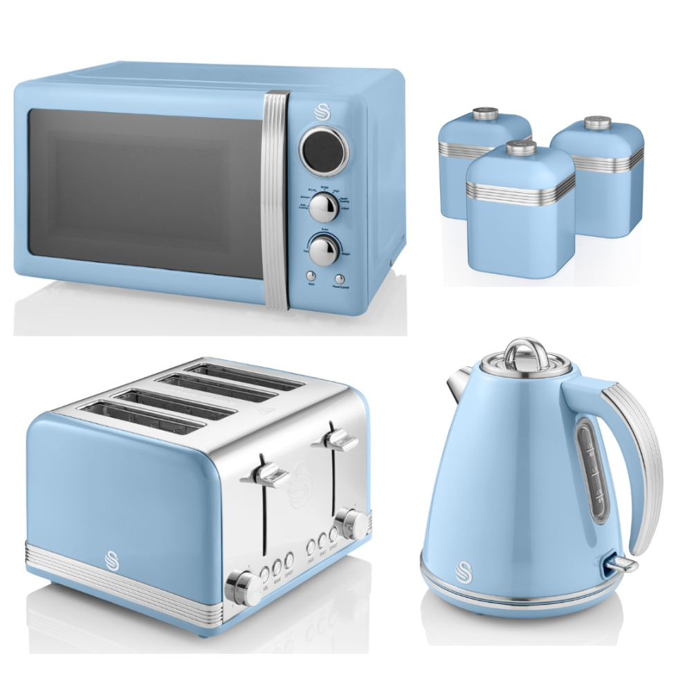 SWAN Retro Blue Kettle, 4 Slice Toaster Microwave & Canisters Set