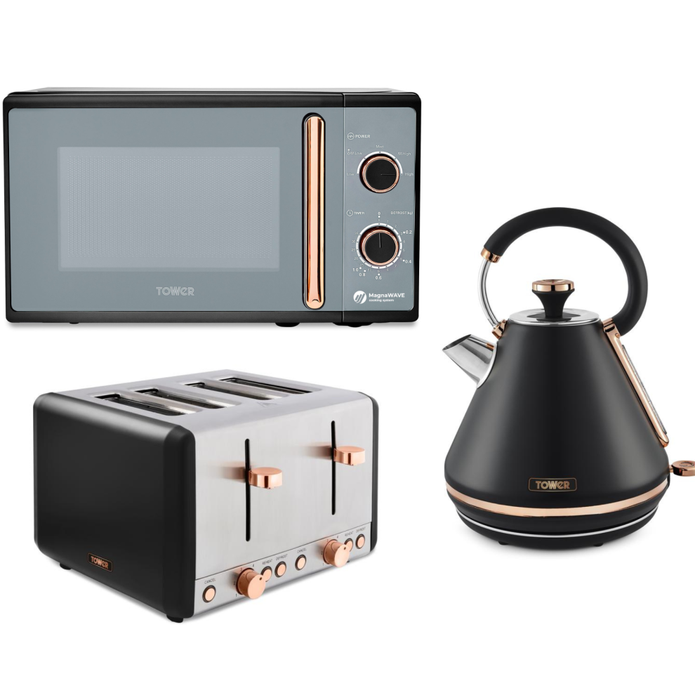 Tower Cavaletto Black & Rose Gold Kettle 4 Slice Toaster & Microwave