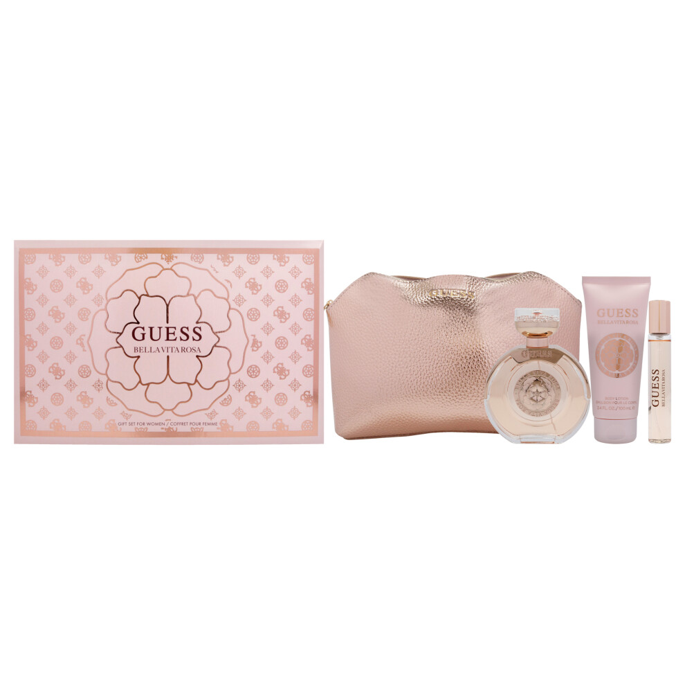 Guess Bella Vita Rosa by Guess for Women - 4 Pc Gift Set 3.4oz EDT Spray, 0.5oz EDT Travel spray, 3.4oz Body Lotion, Pouch