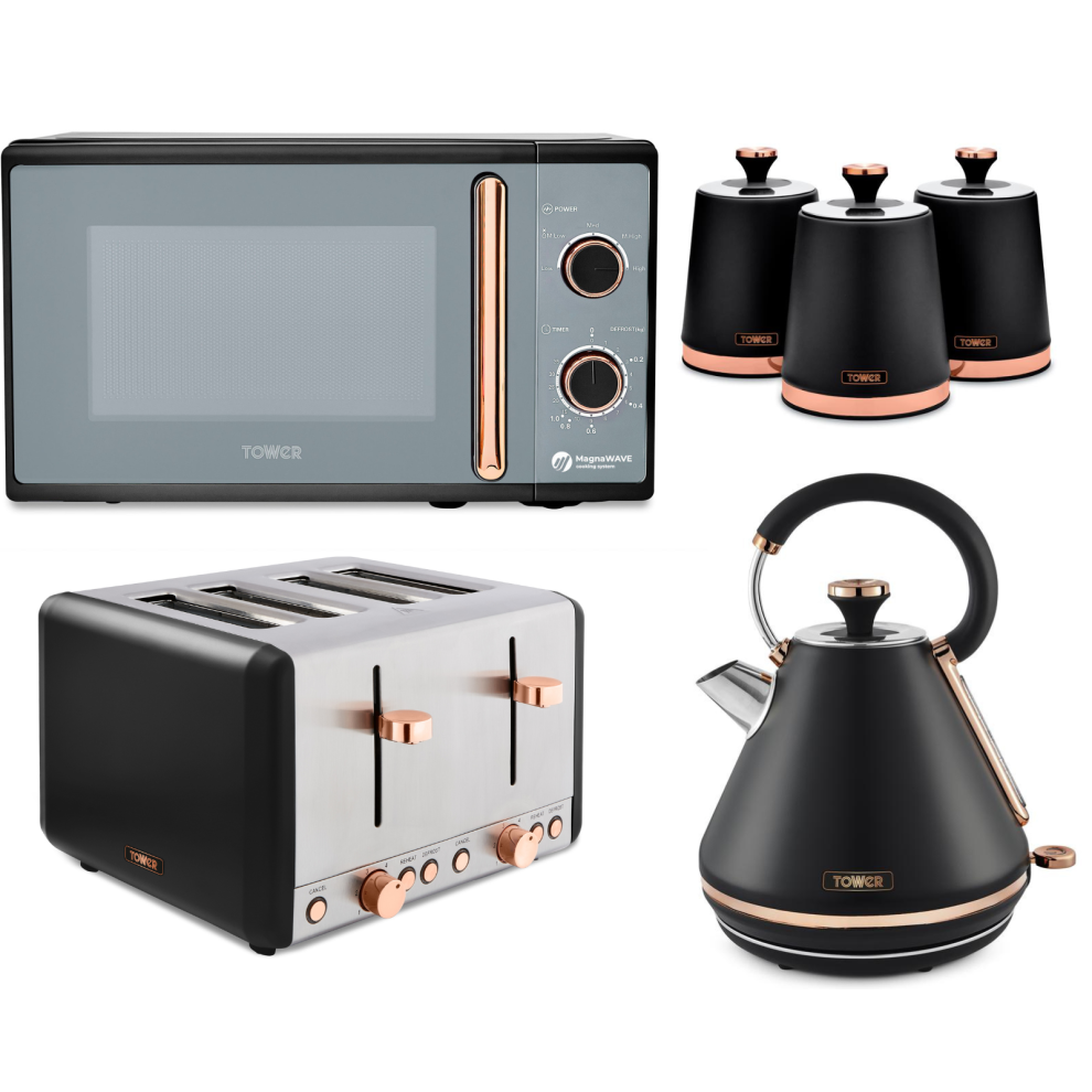 Tower Cavaletto Black Kettle 4 Slice Toaster Microwave & Canisters Set