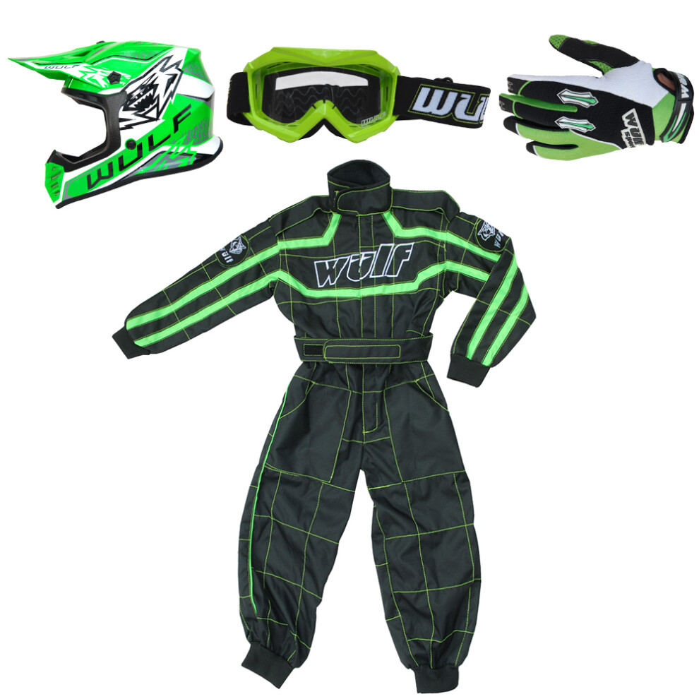 (, L) Wulfsport Kids Air-X Cub Helmet Motocross Stratos Gloves Goggles Racing Suit Green 5063123682664
