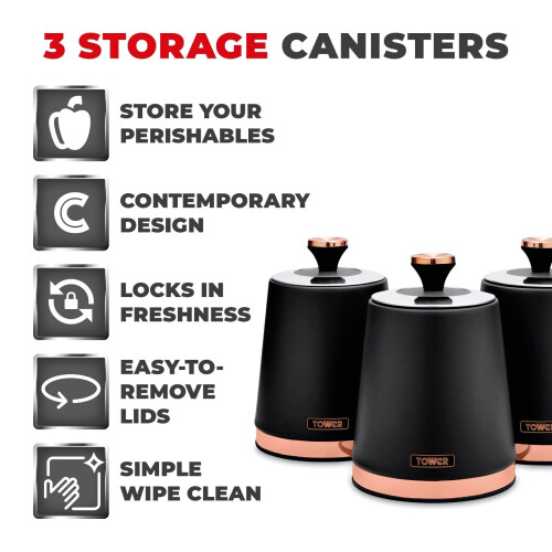 Tower Tower Cavaletto Black Kettle 4 Slice Toaster Microwave & Canisters Set 2
