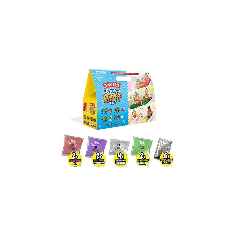 12 Use Mega Value Baff Pack from Zimpli Kids, 4 x Gelli Baff, 2 x Slime Baff & 6 x Crackle Baff, Children's Sensory & Bath Toy, Birthday Presents for