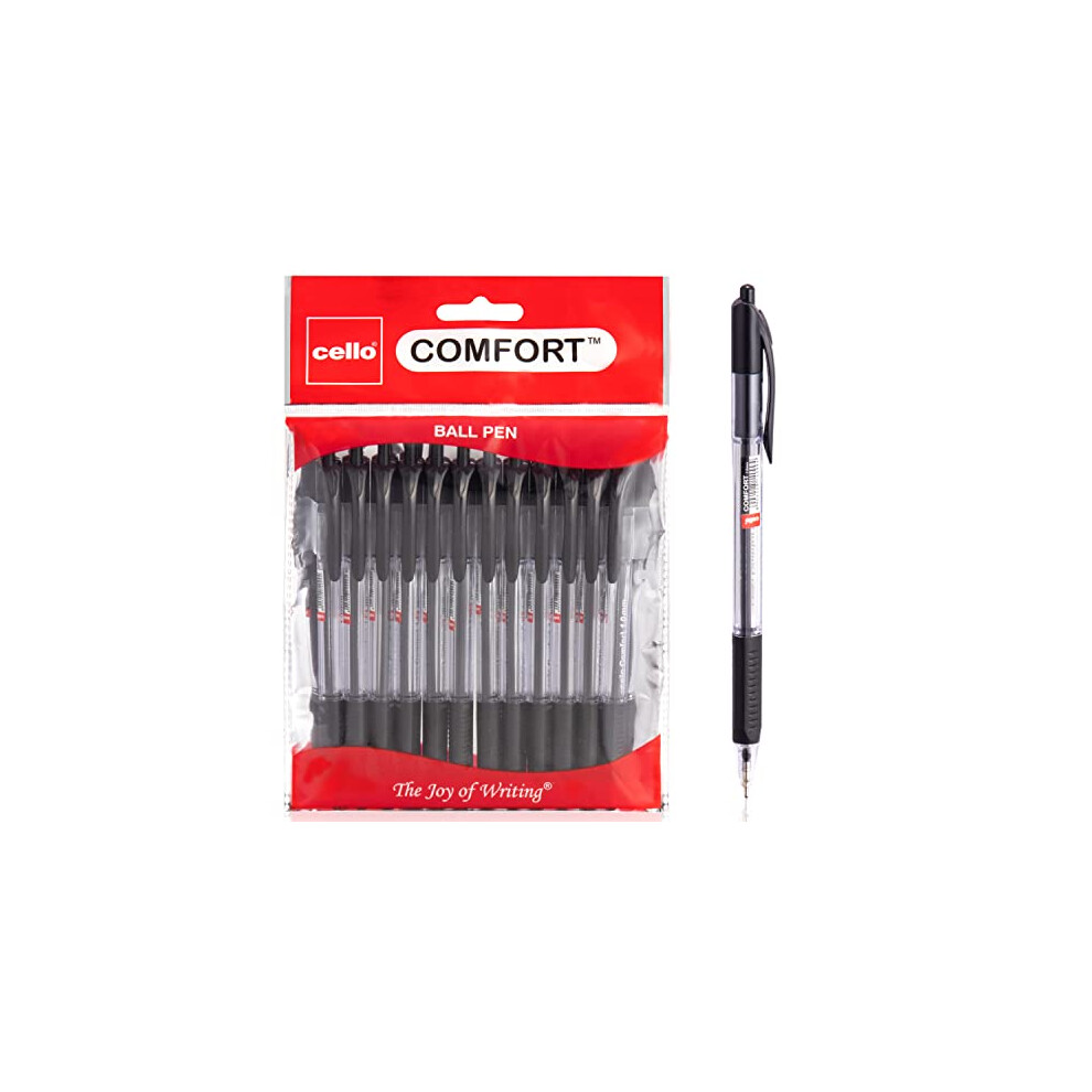Cello Ballpoint Pen Black Pens Extra Comfort Grip Ball Pens Medium Point Biros Retractable Ballpoint Pens (1.0Mm) Black Pen, Pack Of 12 | Ideal For