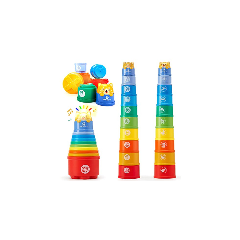 Hahaland Rainbow Stacking Cups 10 Pcs Toys For 1 Year Old Girls Boys Toddler Toys With Lights Sounds Number Nesting Stacking Cups Educational Bath