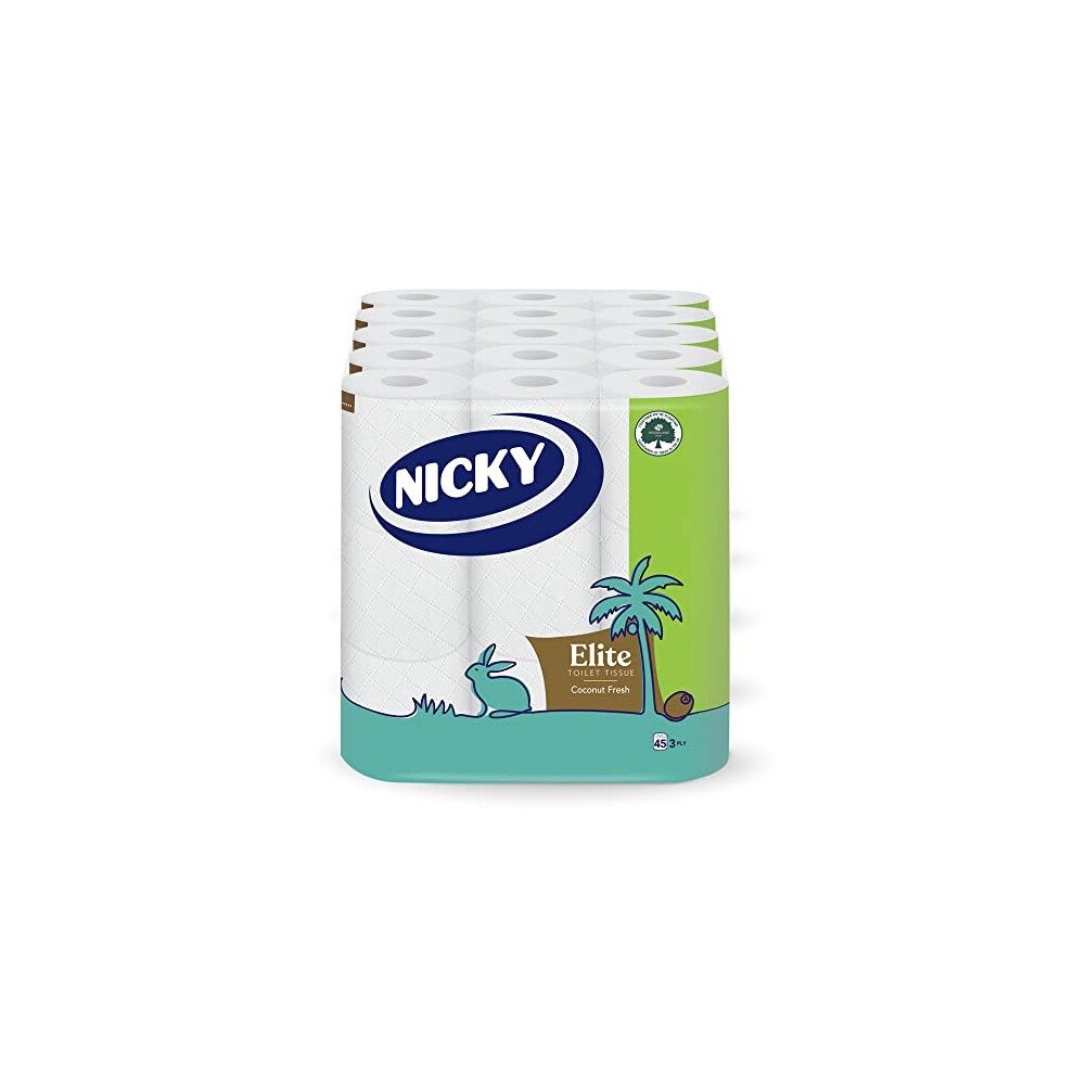 Nicky Elite Coconut Fresh Toilet Tissue - 45 Rolls of White Toilet Paper, 168 Sheets per Roll, 3-Ply, Exotic Coconut Scent, Softeness and Comfort to