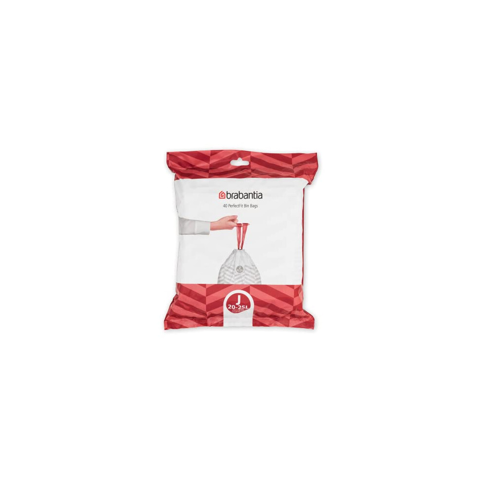 Brabantia PerfectFit Bin Liners Size J (23 Litre), White,115608 Thick Plastic Trash Bags with Tie Tape Drawstring Handles (40 Bag)