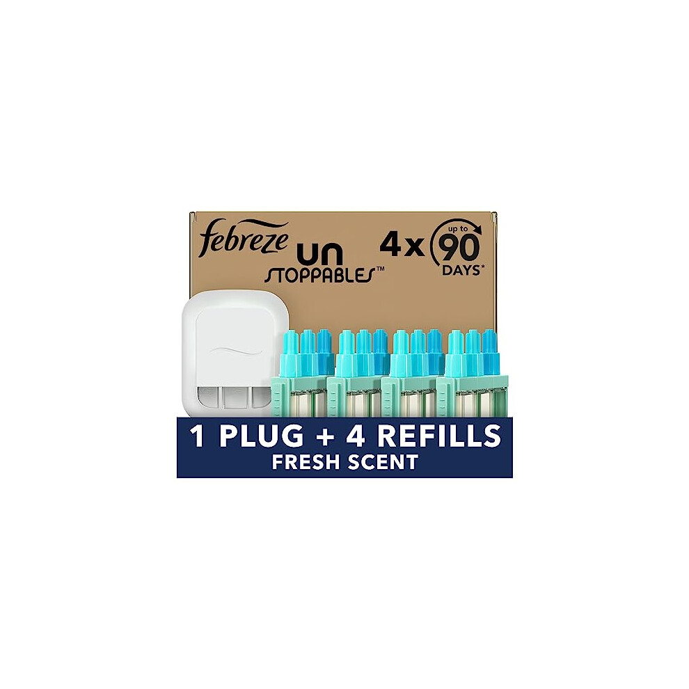 Febreze Unstoppables 3Volution Plug In Air Freshener Starter Kit, Plug-In Diffuser: 1 Plug + 4 Refill Sets, Electronic Odour Eliminator For Home