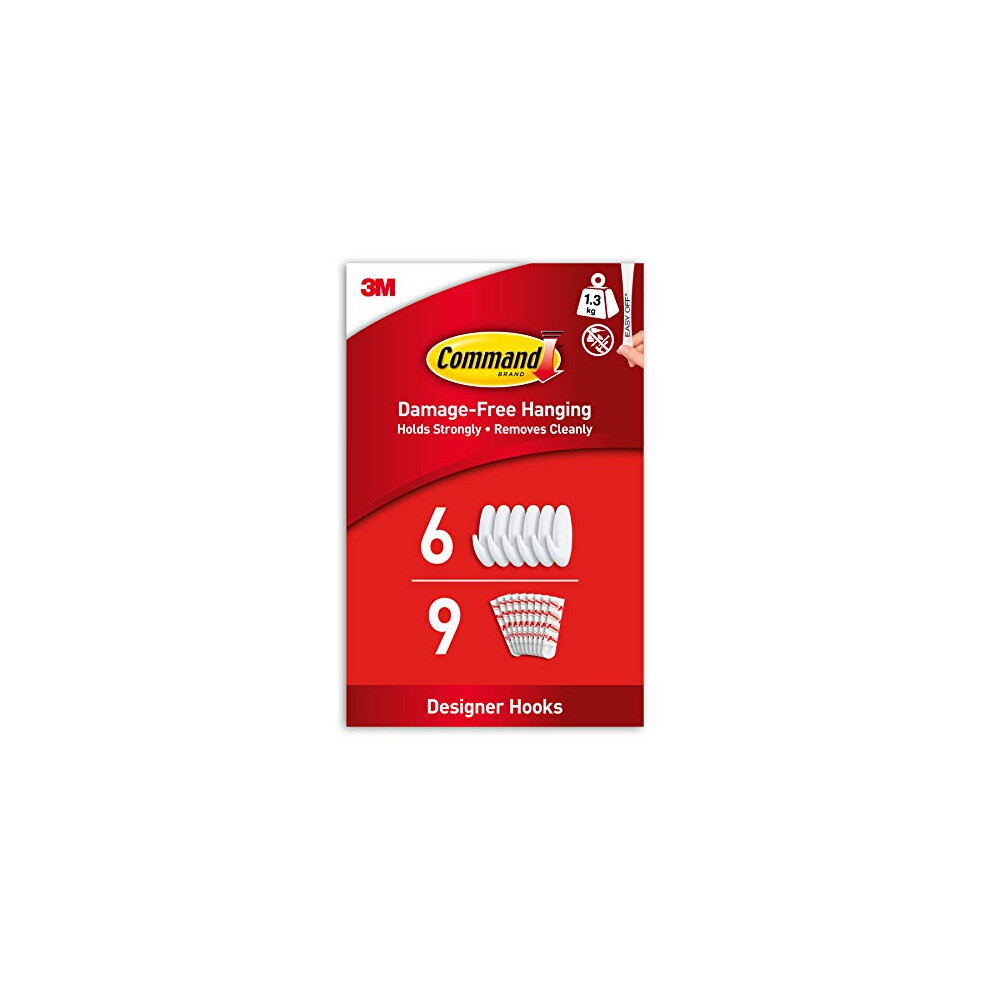 Command Medium Designer Hooks, White - Pack of 6 Hooks and 9 Adhesive Strips - Damage Free Hanging - Holds up to 1.3kg