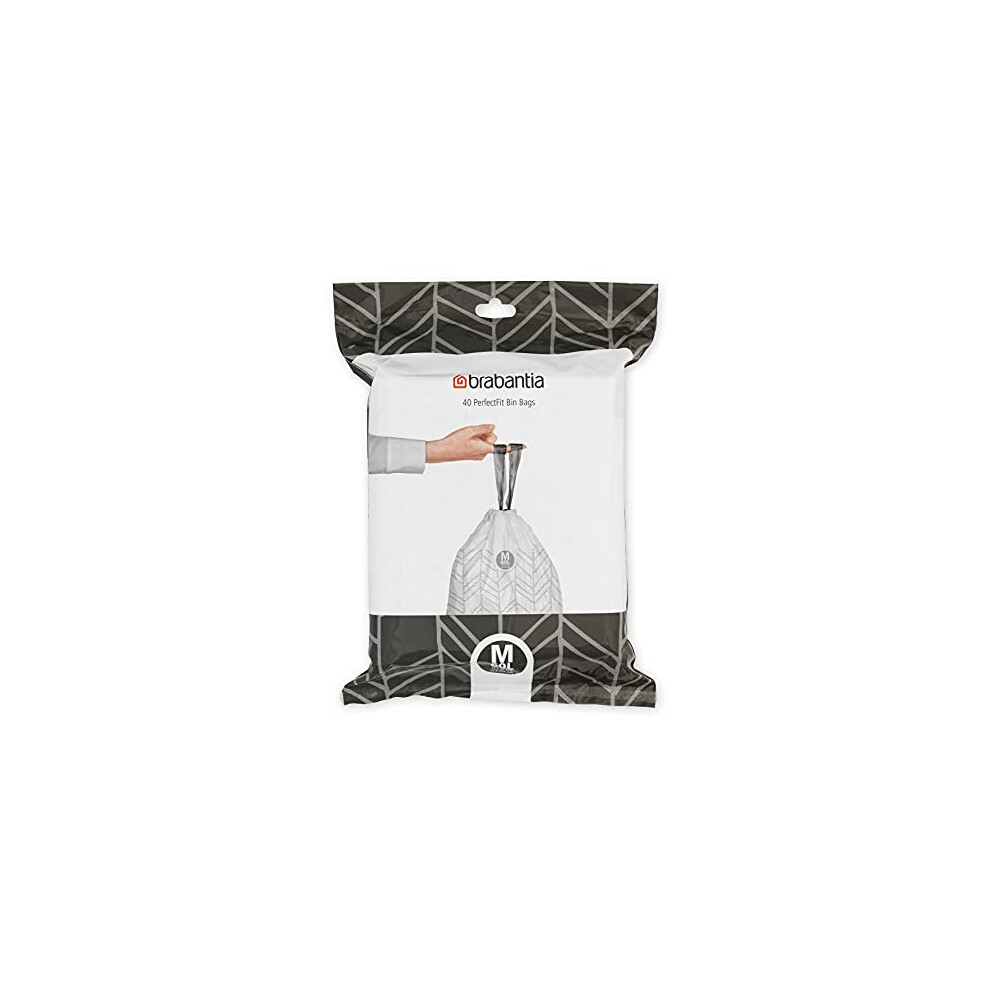 Brabantia 138829 PerfectFit Bin Liners (Size M/60 Litre) Thick Plastic Trash Bags with Tie Tape Drawstring Handles (40 Bags), White