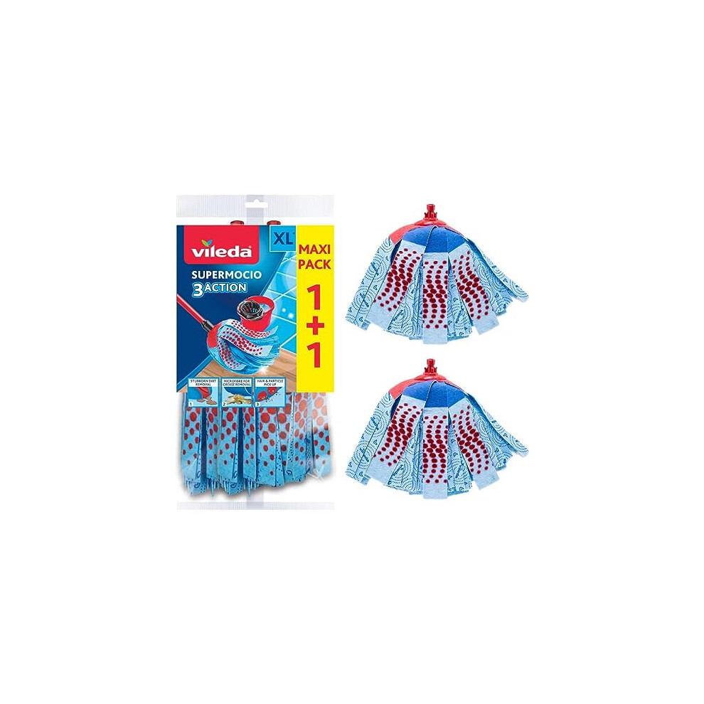 Vileda SuperMocio 3Action XL Mop Refill, Pack of 2 SuperMocio 3 Action Mop Head Replacements, Fits all SuperMocio Mops, Authentic Vileda Mop Head