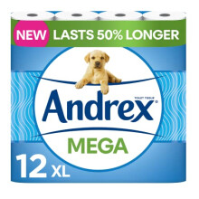 Andrex Classic Clean Mega Toilet Roll - 12 Mega XL Rolls - Same Quality Toilet Roll, Lasts Even Longer, 12 Mega Toilet Rolls = 18 Standard Toilet