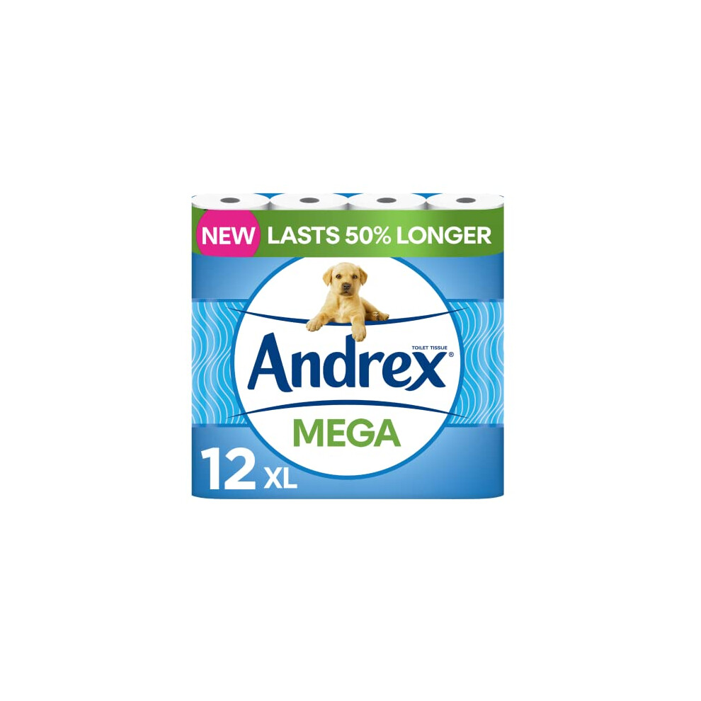 Andrex Classic Clean Mega Toilet Roll - 12 Mega XL Rolls - Same Quality Toilet Roll, Lasts Even Longer, 12 Mega Toilet Rolls = 18 Standard Toilet