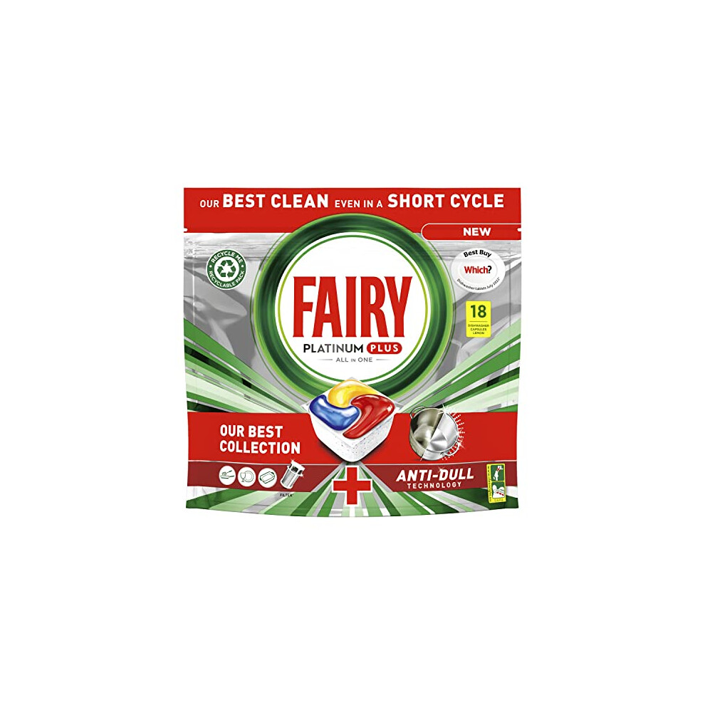 Fairy Platinum Plus All-In-1 Dishwasher Tablets, Lemon, 90 Tablets (5x18), Our Best Cleaning For A Clean Like New, Removes Dullness & Prevents