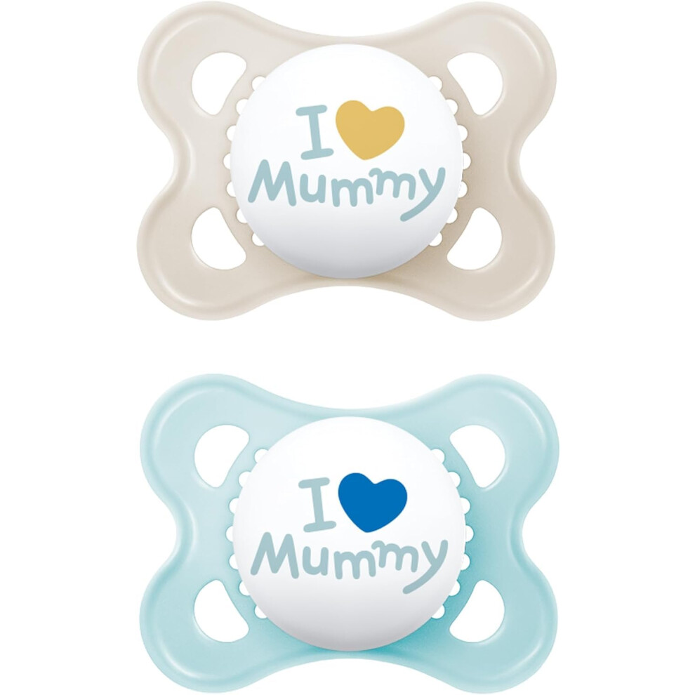 MAM Original 2-6 Months (Pack of 2), Baby Soothers with Self Sterilising Travel Case, Newborn Essentials, Blue, I Love Mummy (Designs May Vary)