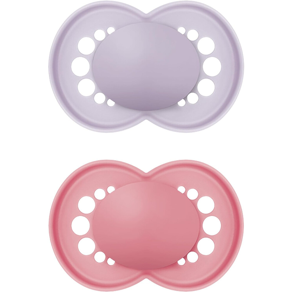 MAM Original Soother 16+ Months (Pack of 2), Baby Soother Made from Sustainable Material, SkinSoft Silicone Teat, with MAM Soother Case, Pink (Designs