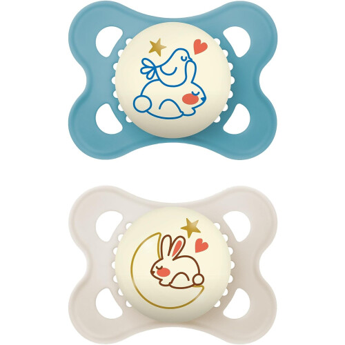 MAM MAM Original Night Soother 2-6 Months (Pack of 2), Sustainable Baby Soother, SkinSoft Silicone Teat, Glow in the Dark Soother, Blue (Designs May Vary)