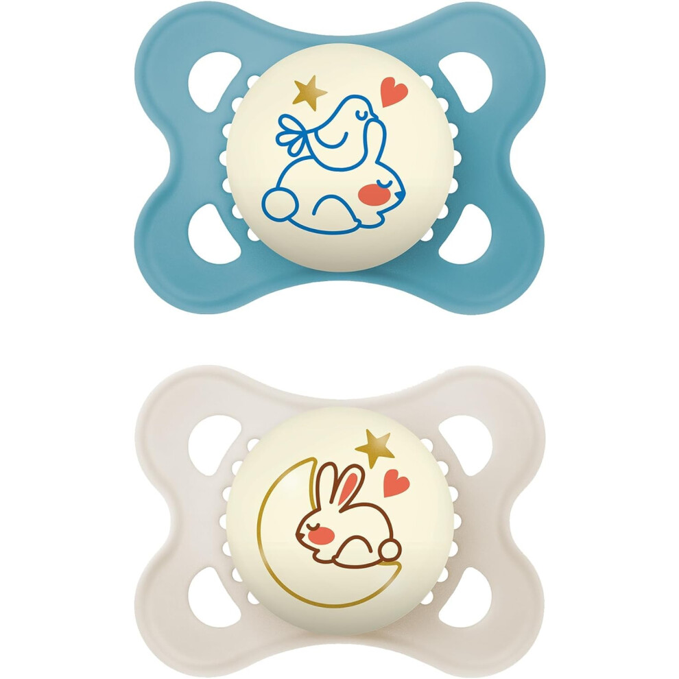 MAM Original Night Soother 2-6 Months (Pack of 2), Sustainable Baby Soother, SkinSoft Silicone Teat, Glow in the Dark Soother, Blue (Designs May Vary)