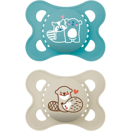MAM MAM Original Soother 2-6 Months (Pack of 2), Baby Soother Made from Sustainable Material, SkinSoft Silicone Teat, with MAM Soother Case, Blue (Designs