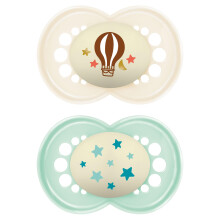 MAM Original Night Soother 16+ Months (Pack of 2), Sustainable Baby Soother, SkinSoft Silicone Teat, Glow in the Dark Soother, Cream (Designs May