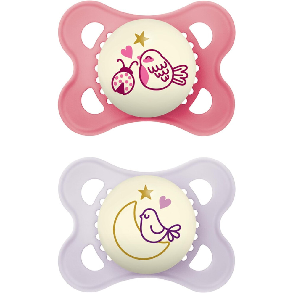 MAM Original Night Soother 2-6 Months (Pack of 2), Sustainable Baby Soother, SkinSoft Silicone Teat, Glow in the Dark Soother, Pink (Designs May Vary)