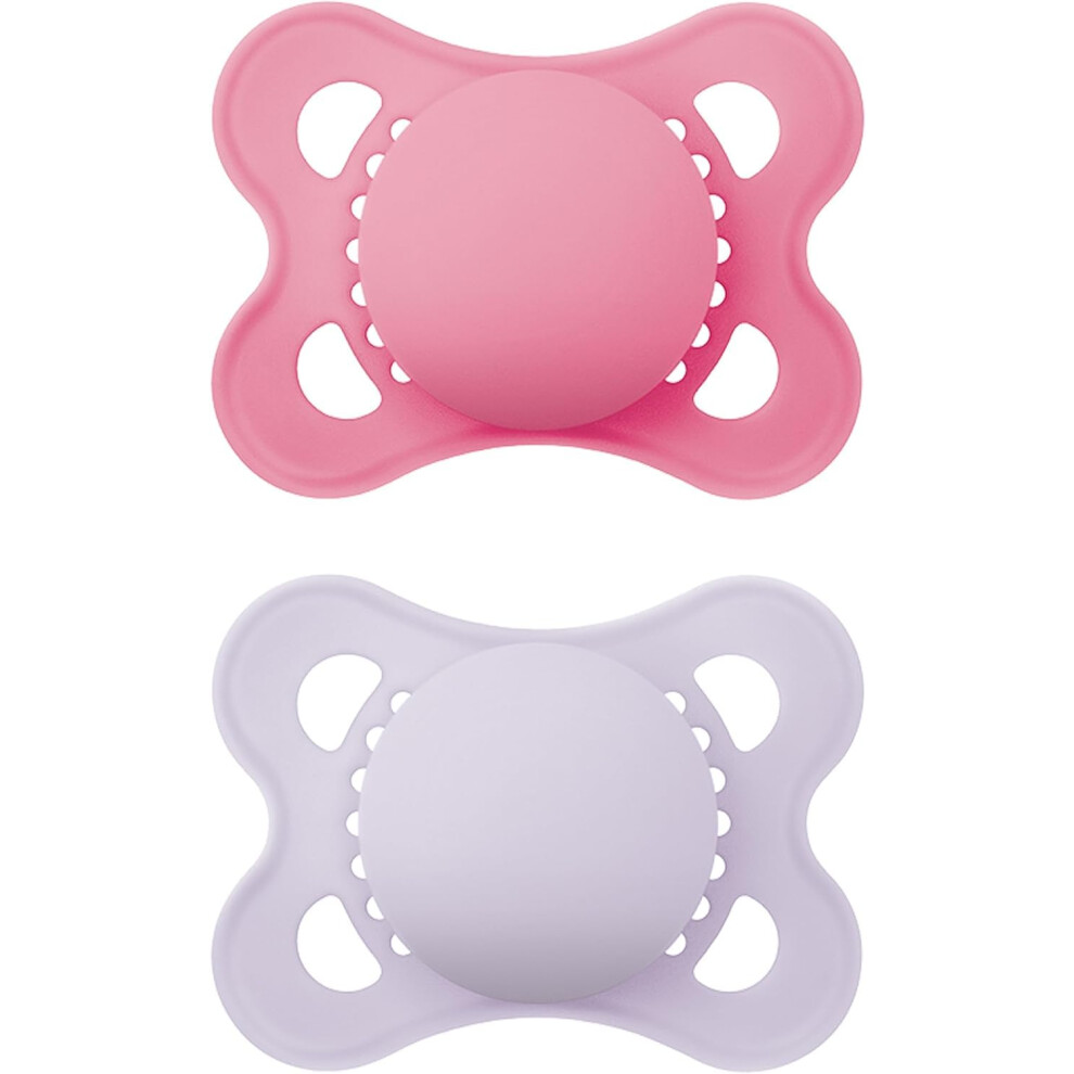 MAM Original Soother 2-6 Months (Pack of 2), Baby Soother Made from Sustainable Material, SkinSoft Silicone Teat, with MAM Soother Case, Pink (Designs