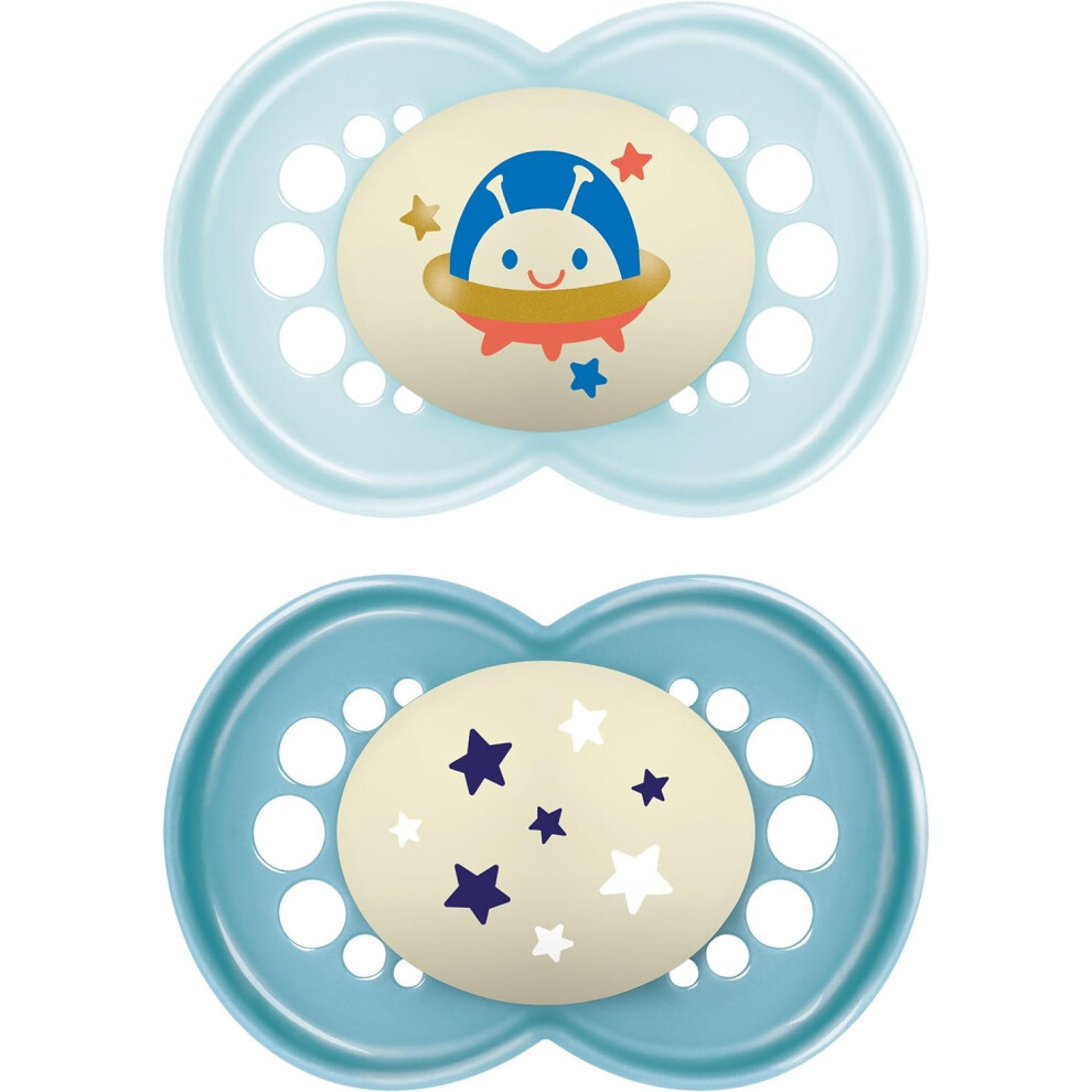 MAM Original Night Soother 16+ Months (Pack of 2), Sustainable Baby Soother, SkinSoft Silicone Teat, Glow in the Dark Soother, Blue (Designs May Vary)