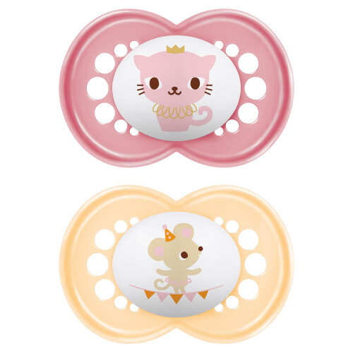 MAM MAM Original Soothers 6+ Months (Pack of 2), Baby Soothers with Self Sterilising Travel Case, Newborn Essentials, Pink/Purple (Designs May Vary)