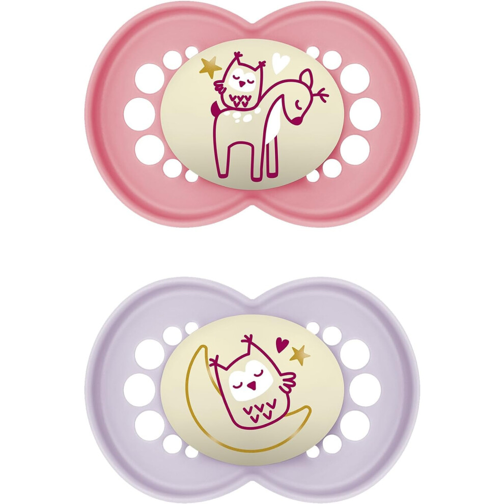 MAM Original Night Soother 6+ Months (Pack of 2), Sustainable Baby Soother, SkinSoft Silicone Teat, Glow in the Dark Soother, Pink (Designs May Vary)